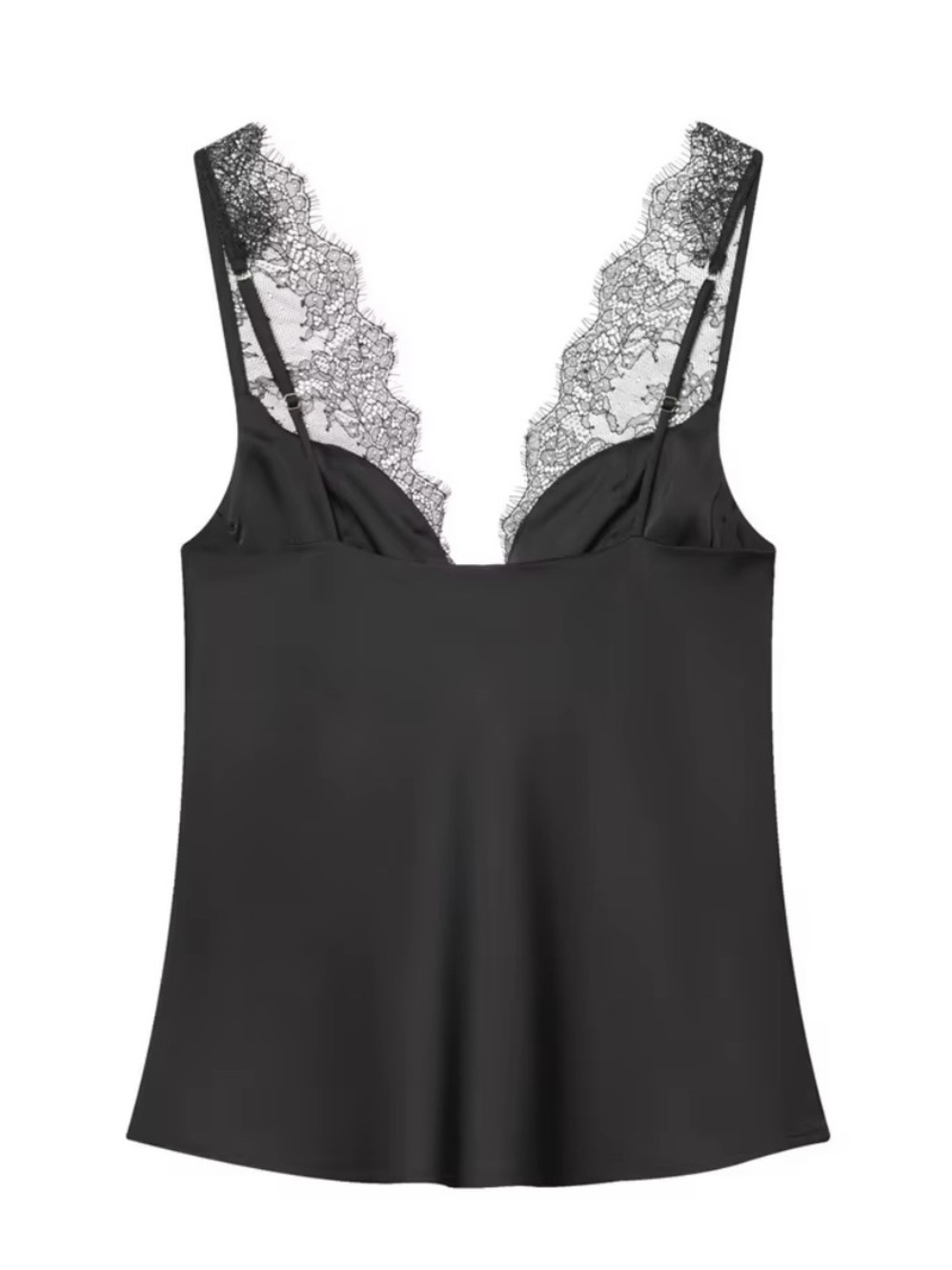 NWT Lace Camisole Top Black Slip With Plunging Lace Cups + Straps Silk Zara Like - Picture 3 of 7